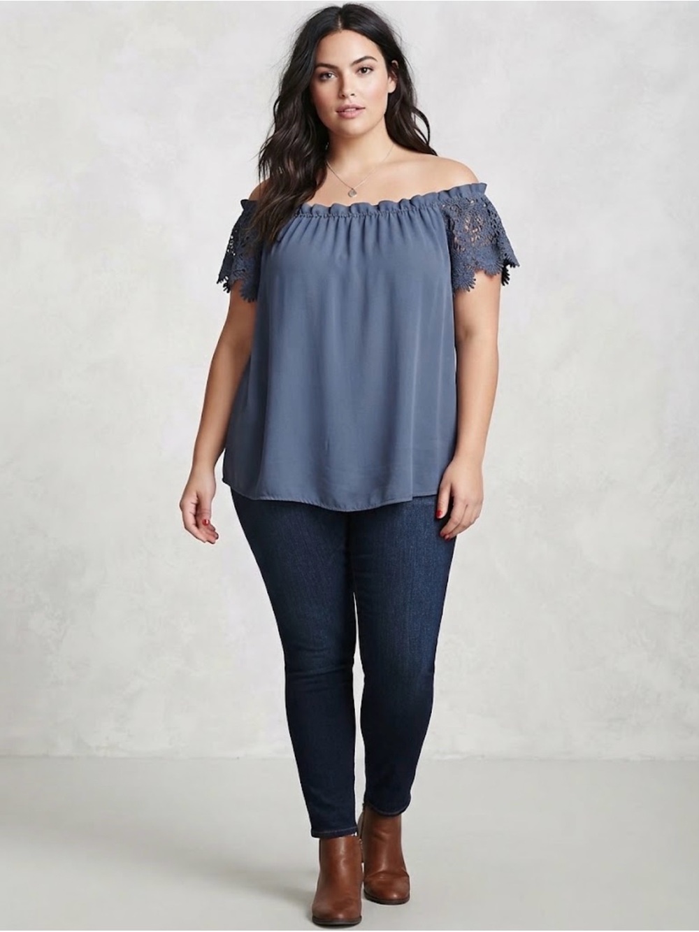 Chic Soul Blue Off The Shoulder Lace Sleeve Top Plus Size 3X